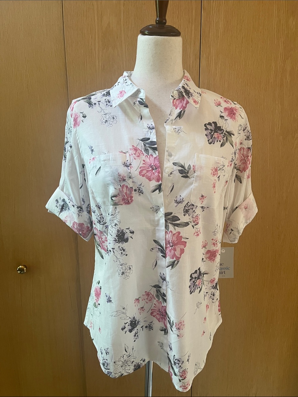 croft & barrow White Button-Down Shirt with Pink Floral Print